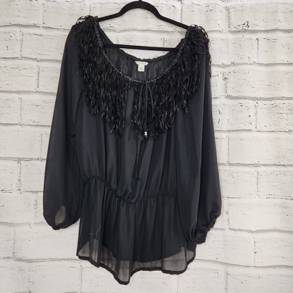 Boston Proper Women's Black Peasant Top Long Sleeve Fringed Blouse Size 14 Large